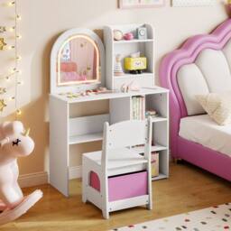 Costway Kids Vanity Table & Chair Set Dressing Table Set w/Drawer & Shelves in White - thumbnail 3