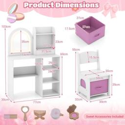 Costway Kids Vanity Table & Chair Set Dressing Table Set w/Drawer & Shelves in White - thumbnail 5