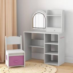 Costway Kids Vanity Table & Chair Set Dressing Table Set w/Drawer & Shelves in White - thumbnail 2