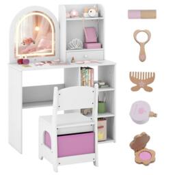 Costway Kids Vanity Table & Chair Set Dressing Table Set w/Drawer & Shelves in White - thumbnail 4