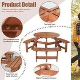 EONLION Wooden 6-Seat Round Garden Picnic Table Bench Patio Set in Brown - thumbnail 4