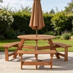 EONLION Wooden 6-Seat Round Garden Picnic Table Bench Patio Set in Brown - thumbnail 3