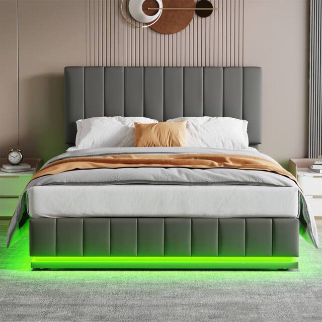 Merax Grey PU Leather Upholstered Ottoman Bed with LED & Tufted Headboard - Size: Double - image 1