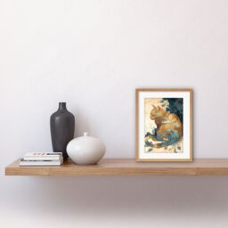 "Artery8 Wall Art Print Cat with Leaf Pattern Fur Coat Modern Teal & Ochre Artwork Framed 9X7 Inch in Beige - Size: W7"" x H9""" - thumbnail 2