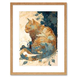 "Artery8 Wall Art Print Cat with Leaf Pattern Fur Coat Modern Teal & Ochre Artwork Framed 9X7 Inch in Beige - Size: W7"" x H9""" - thumbnail 1