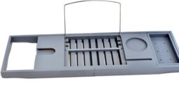 MANTRARAJ Extendable Bath Tub Caddy Bathroom Tray with Tablet Phone Mug Holder in Grey - thumbnail 1