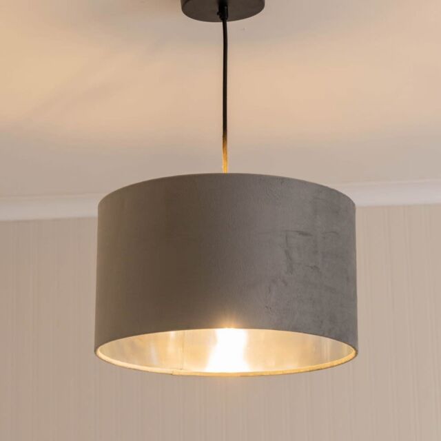 ValueLights Reni Pale Grey Velvet with Chrome Inner Easy Fit Lamp Shade & Bulb - Size: Large - image 1