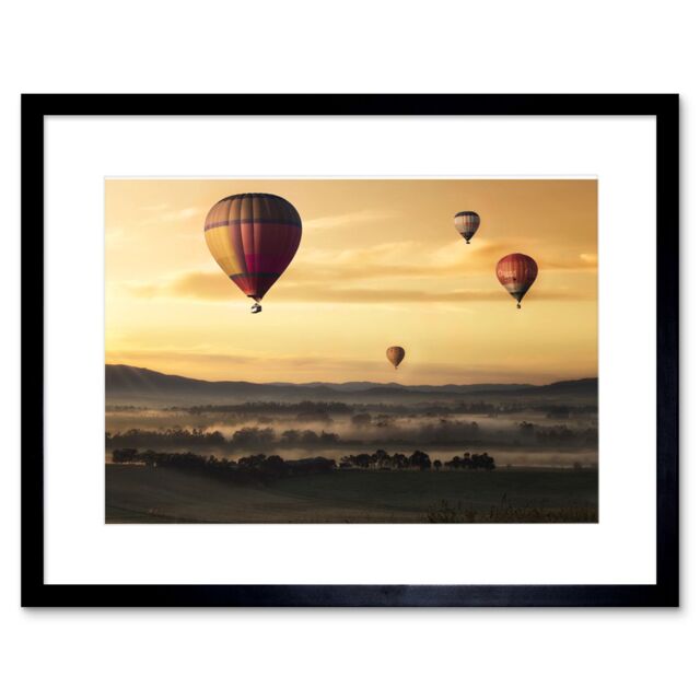 "Artery8 Wall Art Print Hot Air Balloons Misty Morning Framed in Black - Size: W7"" x H9""" - image 1