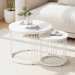 Huhote Round Nesting Coffee Tables with Metal Frame End Side Table 2 Set in White - thumbnail 1