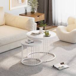 Huhote Round Nesting Coffee Tables with Metal Frame End Side Table 2 Set in White - thumbnail 2