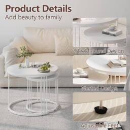 Huhote Round Nesting Coffee Tables with Metal Frame End Side Table 2 Set in White - thumbnail 4
