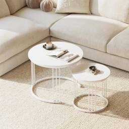Huhote Round Nesting Coffee Tables with Metal Frame End Side Table 2 Set in White - thumbnail 3