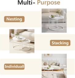Huhote Round Nesting Coffee Tables with Metal Frame End Side Table 2 Set in White - thumbnail 5