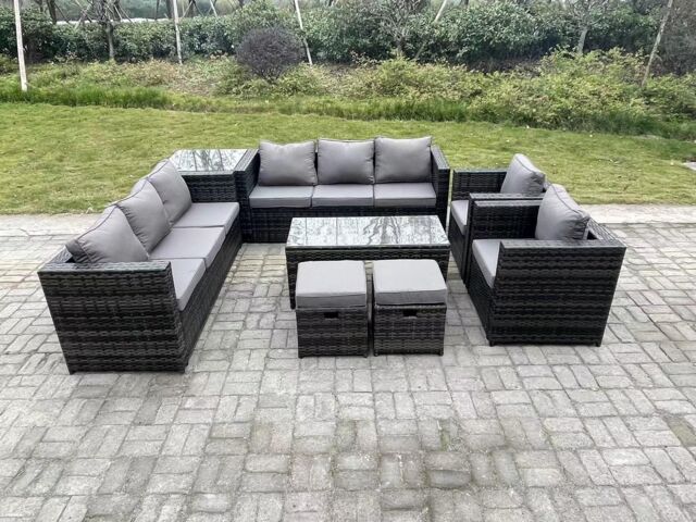 Fimous Outdoor Rattan Garden Furniture Lounge Sofa Set With Oblong Rectagular Coffee Table in Dark Grey - image 1