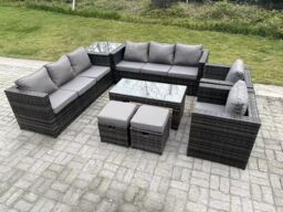 Fimous Outdoor Rattan Garden Furniture Lounge Sofa Set With Oblong Rectagular Coffee Table in Dark Grey - thumbnail 2