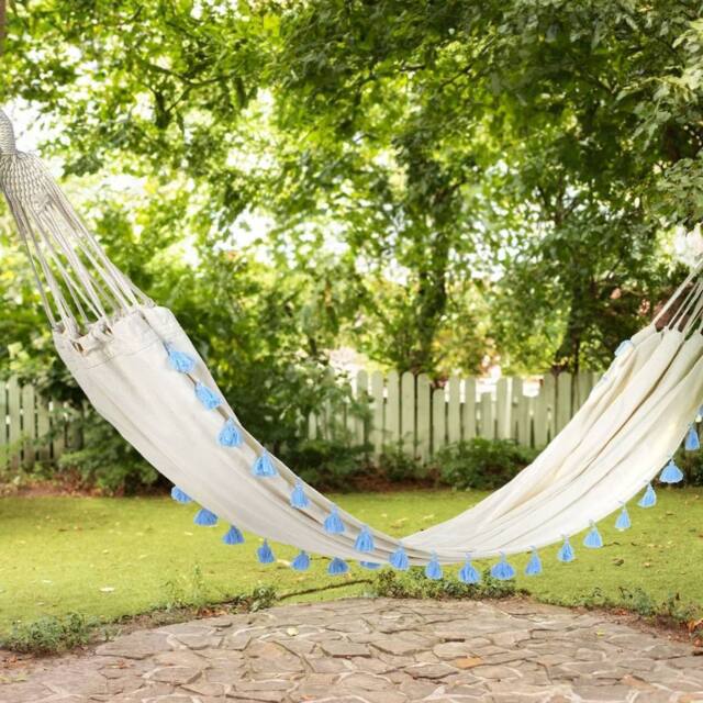 Wyld and Coco Beige Cotton Garden Hammock with Light Blue Boho Accents - image 1