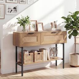 Costway Rattan Console Table Boho Entryway Table w/ Flip Doors & Open Shelf in Natural - thumbnail 1