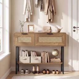 Costway Rattan Console Table Boho Entryway Table w/ Flip Doors & Open Shelf in Natural - thumbnail 6