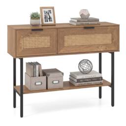 Costway Rattan Console Table Boho Entryway Table w/ Flip Doors & Open Shelf in Natural - thumbnail 2