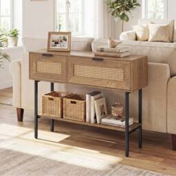 Costway Rattan Console Table Boho Entryway Table w/ Flip Doors & Open Shelf in Natural - thumbnail 3