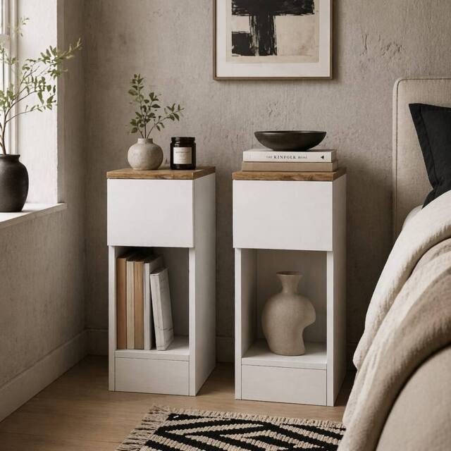 Wyld Haus Taro Set of 2 White & Oak Bedside Tables with Storage - image 1