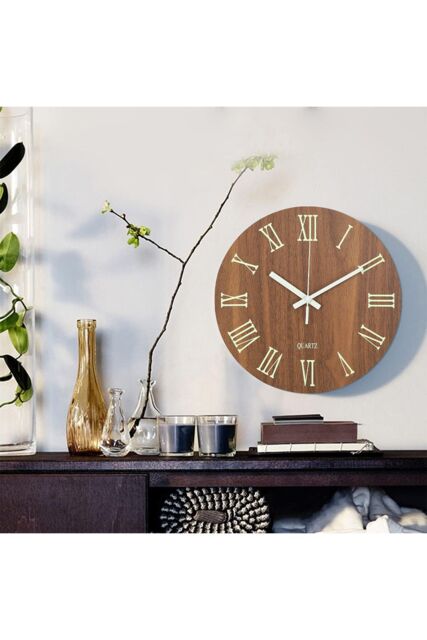Living and Home 12-Inch Modern Roman Numeral Wood Grain Silent Luminous Wall Clock in Brown - image 1