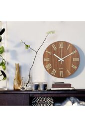Living and Home 12-Inch Modern Roman Numeral Wood Grain Silent Luminous Wall Clock in Brown - thumbnail 1