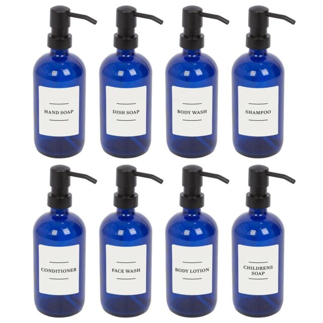 Harbour Housewares Glass Soap Dispensers with Labels - 500ml - White - Pack of 8 in Blue - image 1
