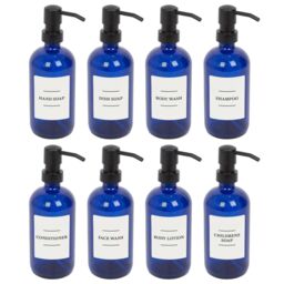 Harbour Housewares Glass Soap Dispensers with Labels - 500ml - White - Pack of 8 in Blue