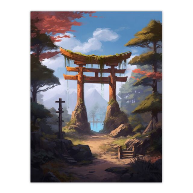Artery8 Wall Art Print Old Torii Gate Leading to Shinto Shrine by Lake Painting Pink Green Blue Tranquil Sacred Grounds Forest Mountain Landscape - image 1