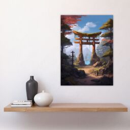 Artery8 Wall Art Print Old Torii Gate Leading to Shinto Shrine by Lake Painting Pink Green Blue Tranquil Sacred Grounds Forest Mountain Landscape - thumbnail 4