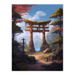 Artery8 Wall Art Print Old Torii Gate Leading to Shinto Shrine by Lake Painting Pink Green Blue Tranquil Sacred Grounds Forest Mountain Landscape - thumbnail 1