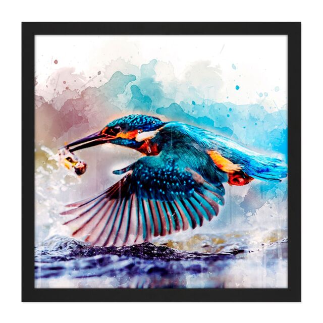"Artery8 Wall Art Print Watercolour Filter Kingfisher Bird River Photo Square Framed Picture 16X16 Inch in Black - Size: W16"" x H16""" - image 1