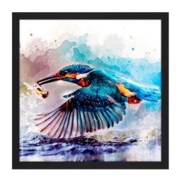 "Artery8 Wall Art Print Watercolour Filter Kingfisher Bird River Photo Square Framed Picture 16X16 Inch in Black - Size: W16"" x H16""" - thumbnail 1