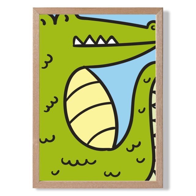 ARTZE Cute Cartoon Style Crocodile Framed Print SIZE: A4 with Oak Frame in Bright Green - image 1