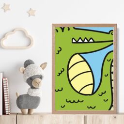 ARTZE Cute Cartoon Style Crocodile Framed Print SIZE: A4 with Oak Frame in Bright Green - thumbnail 2