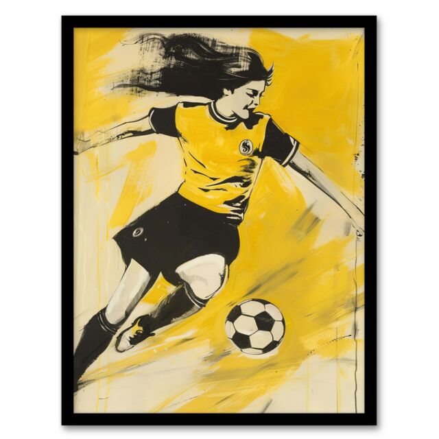 "Artery8 Womens Girls Football Fan Soccer Goal Footie Framed Art Print in Yellow - Size: W12"" x H16""" - image 1