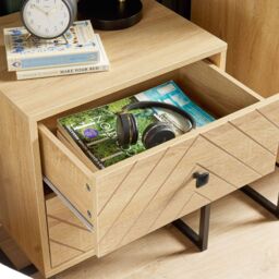 Home Source Bedside Table 2 Drawer Aztec Design Oak Effect Metal Legs Bedroom in Light Oak - thumbnail 4