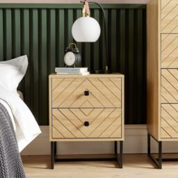 Home Source Bedside Table 2 Drawer Aztec Design Oak Effect Metal Legs Bedroom in Light Oak - thumbnail 3