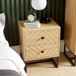 Home Source Bedside Table 2 Drawer Aztec Design Oak Effect Metal Legs Bedroom in Light Oak - thumbnail 2
