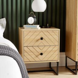Home Source Bedside Table 2 Drawer Aztec Design Oak Effect Metal Legs Bedroom in Light Oak - thumbnail 1