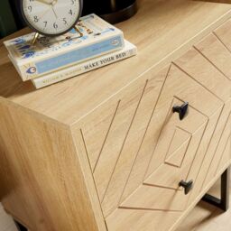 Home Source Bedside Table 2 Drawer Aztec Design Oak Effect Metal Legs Bedroom in Light Oak - thumbnail 5
