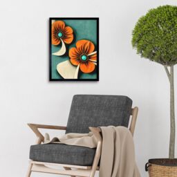 "Artery8 Wall Art Print Abstract Papercut Orange & Cream Flowers On Teal Art Framed in Black - Size: W12"" x H16""" - thumbnail 2