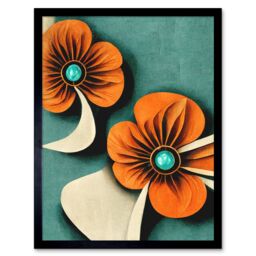 "Artery8 Wall Art Print Abstract Papercut Orange & Cream Flowers On Teal Art Framed in Black - Size: W12"" x H16""" - thumbnail 1