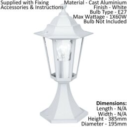 Loops 2 PACK IP44 Outdoor Pedestal Light White Aluminium Lantern 60W E27 Porch Lamp - thumbnail 2