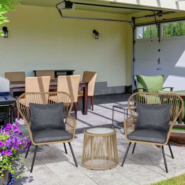 OUTSUNNY 3 Pieces Outdoor Patio Set 2 Chairs 1 Coffee Table Garden Balcony Deck in Brown - image 1