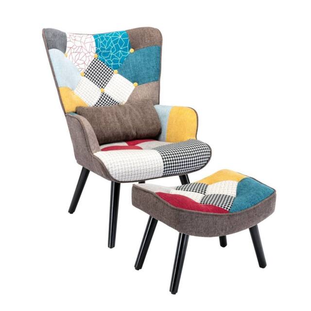 HomeMiYN Brown Patchwork Mid-Century Single-Seater Sofa with Footstool Cushion - image 1