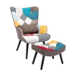 HomeMiYN Brown Patchwork Mid-Century Single-Seater Sofa with Footstool Cushion