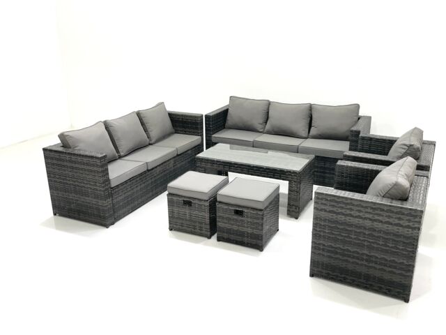 Fimous Rattan Garden Furniture Sofa Set with Coffee table Armchair 2 Small Footstools Dark Grey Mixed - image 1