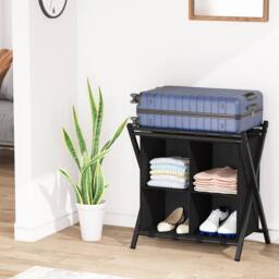 Huhote Stylish Luggage Rack With Storage 2 Tier Metal Folding Suitcase Stand in Black - thumbnail 1